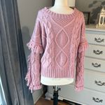 Pink Lily Sweater  Cable Knit Boho Fringe Chunky Womens Small Rose Photo 1