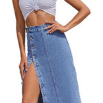 NWT Women’s High Waisted Button Front Denim Midi Skirt Large Blue Photo 0