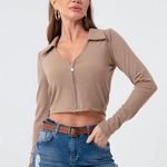 Kittenish  Collared Ribbed Long Sleeve Top in Nude Photo 0