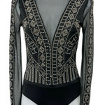 BANJUL  Black Geometric Stud Sheer Mock Neck Long Sleeve Bodycon Bodysuit Top S Photo 0