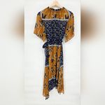 ZARA  Blogger Favorite Blue Mustard Sheer Printed Midi Dress With Belt Size Small Photo 4