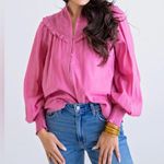 Karlie ‎ Large Pink Linen Smock Top Button Up Long Sleeve Lightweight Ruffle NWOT Photo 2