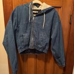 PacSun  Hooded Full-Zip Cropped Denim Jean Jacket Women’s Medium Fur Hood Photo 0