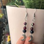 Handmade ✨  Garnet + Blue Goldstone + Crystal Moon Dangle Earrings 🌙 Photo 3