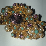 Vintage Gold Tone Teal Purple CZ Rhinestones Faux Pearl Brooch Shoulder Pin Photo 3