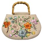 Old Navy Vintage Style Straw Woven Floral Handbag with Bamboo Handles Photo 0