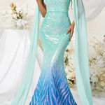 Giffniseti Sequined Formal Elegant Aqua and Blue Evening Gown Size Large Photo 0