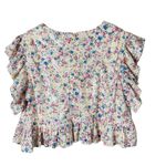 ZARA ‎ Floral Sequin Crop Top Blouse Flutter Sleeves Cream Pink Blue, Size Medium Photo 7