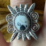 White Buffalo Turquoise Sterling Silver Feather Ring Size 7 Black Photo 0