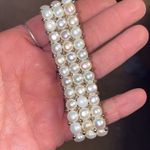 Three Strand Sterling Silver & Real Fresh Water Pearls Stretch Bracelet White Photo 5