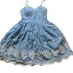 None Rush Floral Denim Flow Spaghetti Strap Blue Dress Photo 0