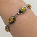 Vintage Mid Century Sterling Baltic Amber Cabochon Link 7" Bracelet 10.7g Photo 2