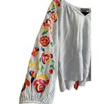 New Chelsea & Theodore Blue Chambray Stripe Embroidered White Top linen blend Wo Size M Photo 6