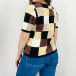 vintage earth tone checkered button down knit sweater top ramie cotton blend S Brown Photo 3