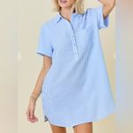 Day + Moon Blue and White Seersucker Shirt Mini Dress Photo 3