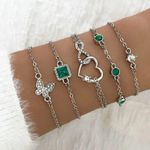 NEW 5pcs Silver Bracelet Set – Green Rhinestone Heart, Butterfly & Infinity Photo 0