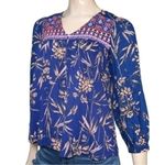 Anthropologie  Women’s Size XS Royal Blue Floral Printed Embroidered Neck Top Photo 1