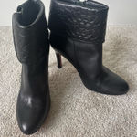 Coach Mackenna Ankle Boot High Heel Black Leather Embossed Logo Pattern Cuff Photo 0