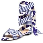 CAbi  Watercolor Tied Up Sandals Shoes Blue White Stripe Floral Size 8 Photo 5