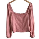 J.Crew  Squareneck Smocked Featherweight Satin Top Blouse Long Sleeve Rose Pink Photo 0