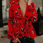 VICI Rendezvous Red Floral Deep Balloon sleeve Peplum Blouse Photo 0
