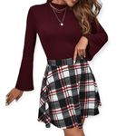SheIn  Burgundy Ribbed Bell Sleeve Top | Size S | Mock Neck Long Sleeve Blouse Photo 1