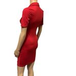 Red Ruched Bodycon Full Button Front Short Sleeve Mini Dress Womens Small Photo 3