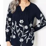 J.Jill   Women's Cotton Gauzy Navy Floral Embroidered Peasant Blouse Size S Photo 0