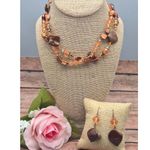 None Artisan Made Peach & Brown Beaded Necklace & Dangle Earrings Set Dyed Abalone Photo 2