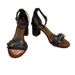 Tory Burch NAVY BLUE W/GOLD BUCKLE LEATHER SNAKESKIN-EMBOSSED HEELED SANDALS (6) Photo 7