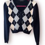 Brandy Melville Argyle V Neck Sweater Cardigan Blue White OS Cropped Preppy Photo 0