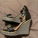 JustFab Kingston Black and White Chevron Raffia Ankle Strap Wedges Photo 2