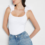 EXPRESS White Ruched Puff Strap Scoop Neck Thong Bodysuit | Size Small (S) Photo 0