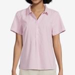 LL Bean Vacationland Seersucker Pink White Striped Popover Shirt Size LARGE Photo 1