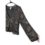 Chico's Womens Embellished Cardigan Size 1 Brown Gold Sequin Silk Paisley Chic Photo 3