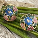 Vintage Cloisonné Hibiscus Flower Earrings Photo 3