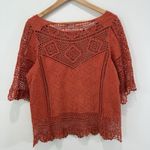 Democracy Crochet Lace Boho Gauze Cotton Top Size M Rust Color Open Knit Hippie Photo 6