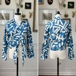 Haute Hippie  Cropped Front Tie Button Up Top Blue White Abstract Linen Blend M Photo 1