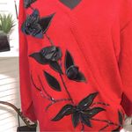Vintage 80s Red Black Floral Embroidered Cotton Knit Sweater S Photo 4