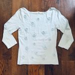 Max Studio  powder blue, crochet flower appliqué, beaded sweater, size S Photo 0