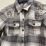 Fang Plaid Studded Shoulder Flannel Shirt Womens Size S Roll Tab Sleeves Brown Photo 0
