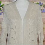 Pink Rose  Oatmeal Tan Crochet Open Front Cardigan Sweater Size M Pockets Office Photo 3