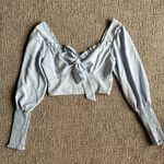 NWOT Knot Front Frill Shirred Long Sleeve Crop Top Blouse Blue Womens Size Small Photo 3