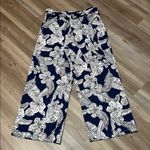 MELLODAY  wide leg belted pants Navy White Tropical print Pull on Size M Stretch Photo 1