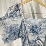 Cottagecore Medium Chic Tree Chinoiserie Art Artsy Print Puff Sleeve Ruched Top Blue Photo 4