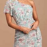 Lulus NWT  Way to Wow Dusty Blue‎ Floral One Shoulder Faux-Wrap Dress LARGE Photo 0