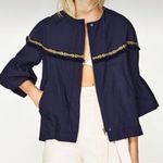 ZARA  Basic Western Navy Blue Bell Sleeve Fringe Aztec Trim Jacket Size XS NWT Photo 4