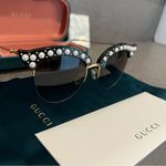 Gucci Pearl/ Gold Studded Cat Eye Sunglasses in Black-Gray, GG0212S, BRAND NEW Photo 11