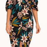 Billabong  Love Tight Midi Dress Off-Shoulder Puff Sleeve Floral Airy Black Small Photo 0