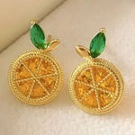 Gold Citrus Slice Earrings with Green Leaf Stone Sparkling Round Drops NWT Yellow Photo 0